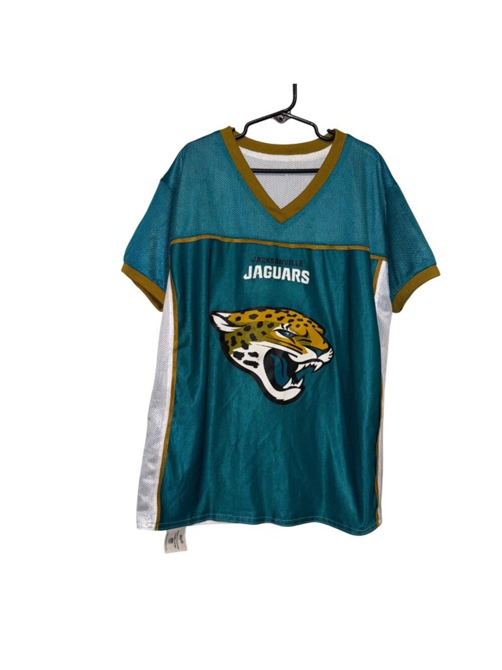 Jacksonville Jaguars Youth Large NFL V-Neck Mesh Jersey Teal White Gold Logo Shi